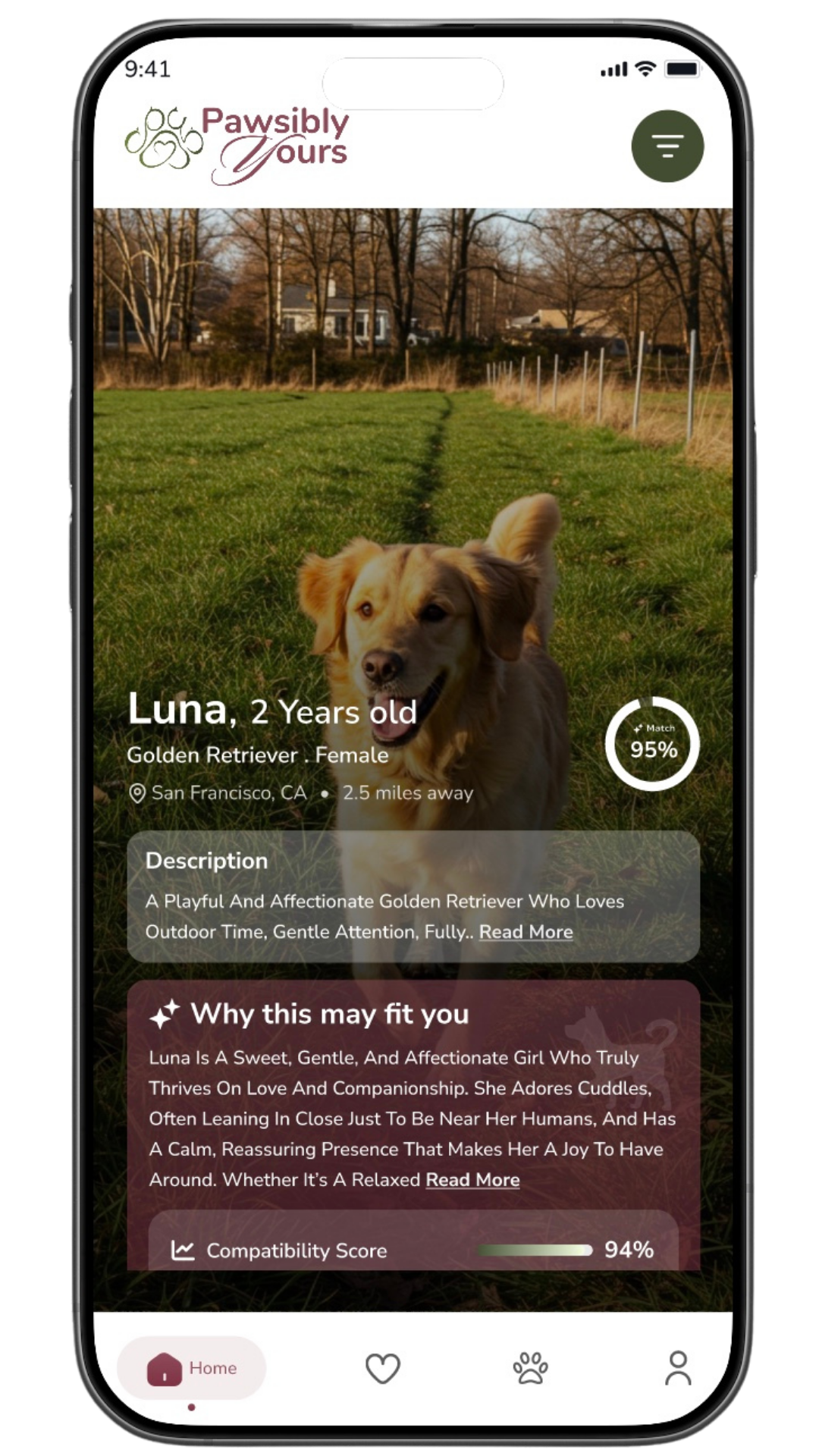 screenshot of dog profile in pawsibly yours app