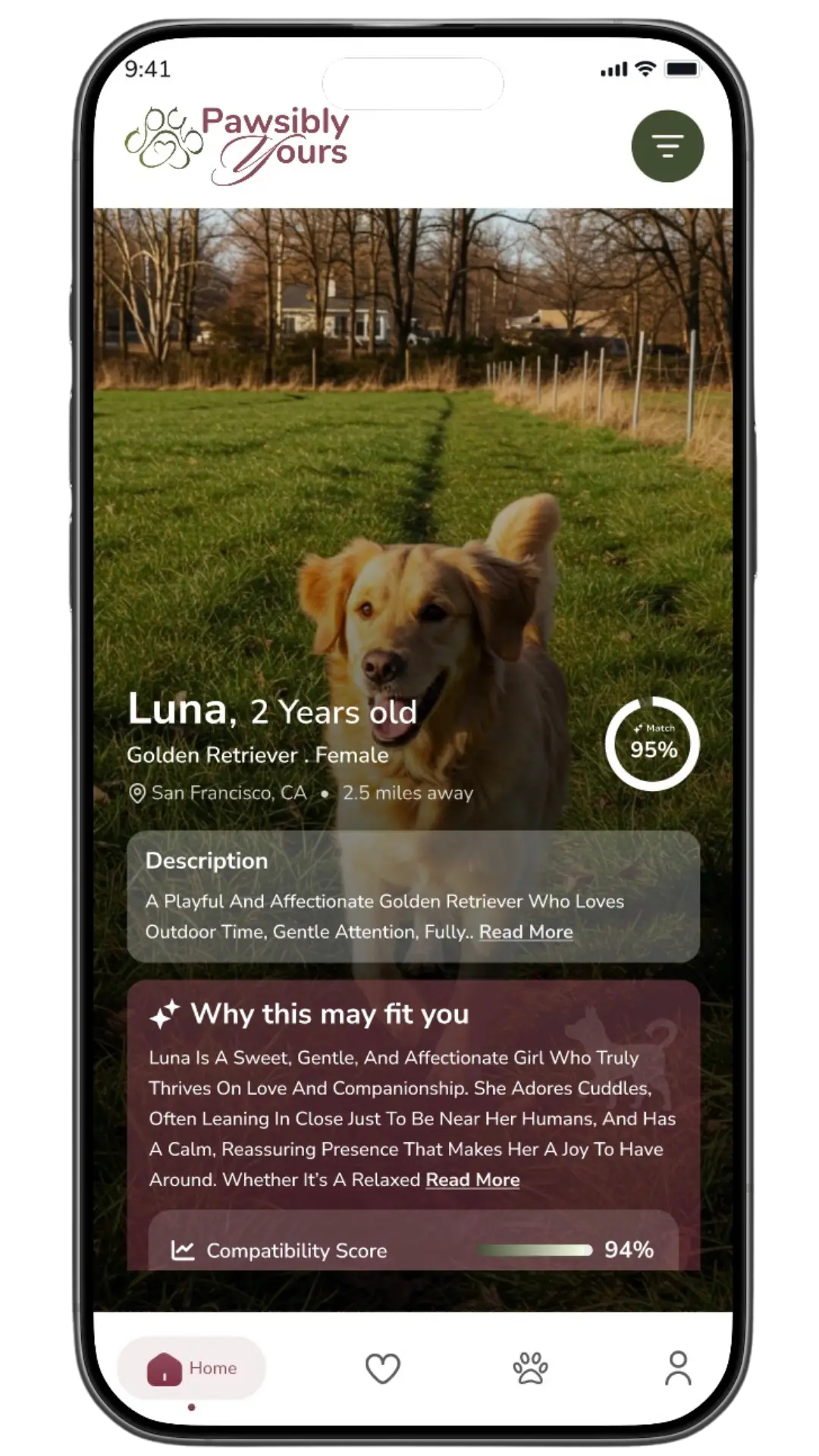screenshot of dog profile in pawsibly yours app