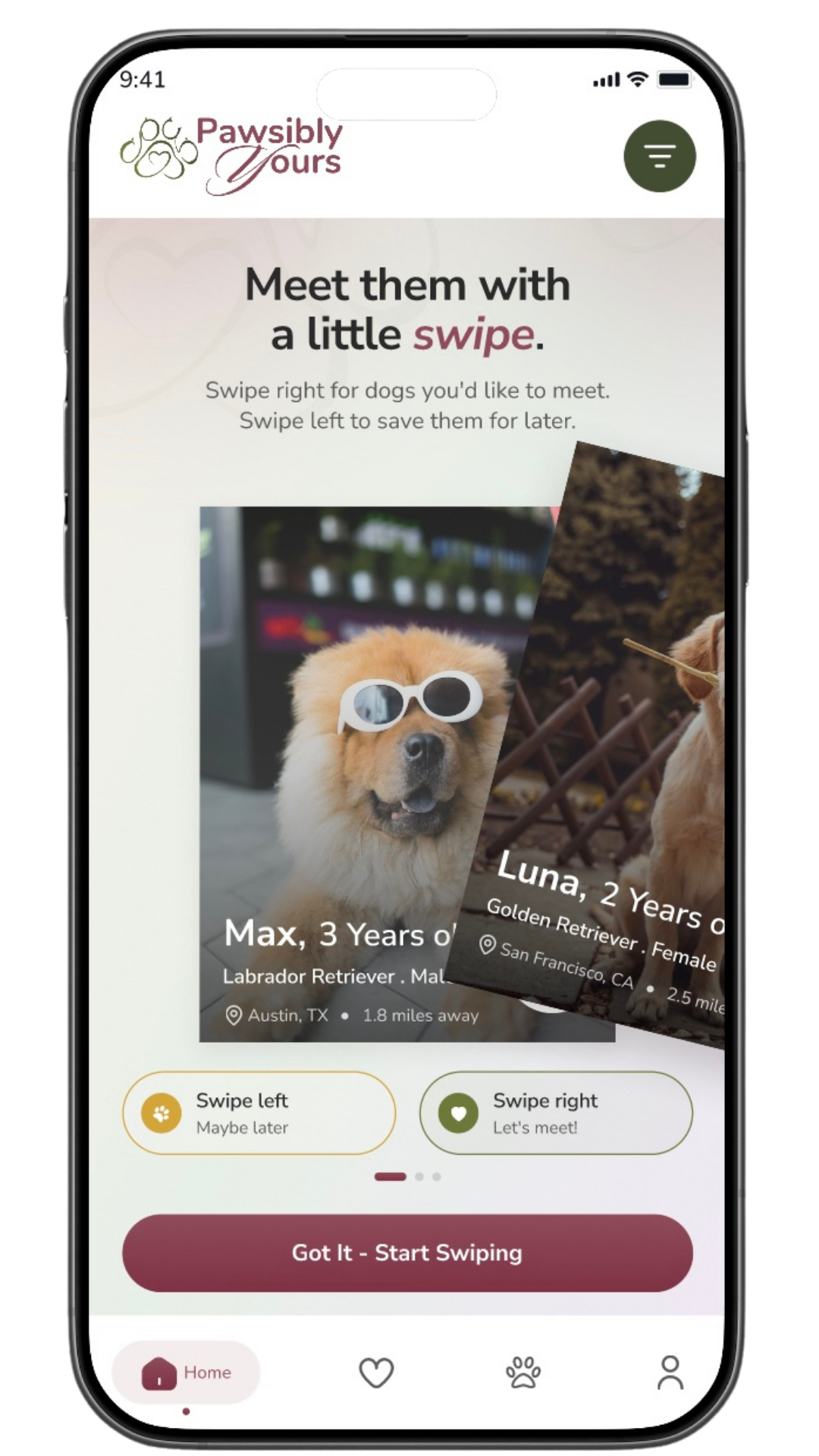 image of pawsibly yours instruction screen showing swipes